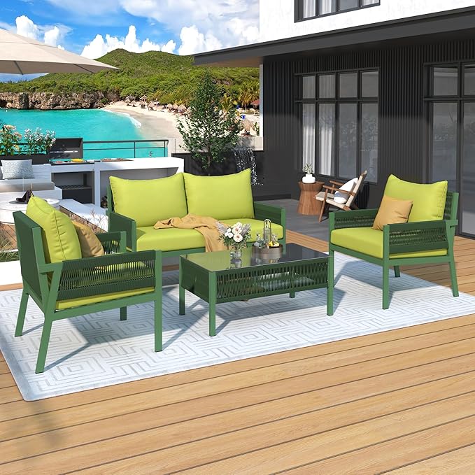 K&K 4-Piece Rope Patio Furniture Set, Outdoor Furniture with Tempered Glass Table, Patio Conversation Set Deep Seating with Thick Cushion for Backyard Porch Balcony (Fluorescent Yellow & Green)