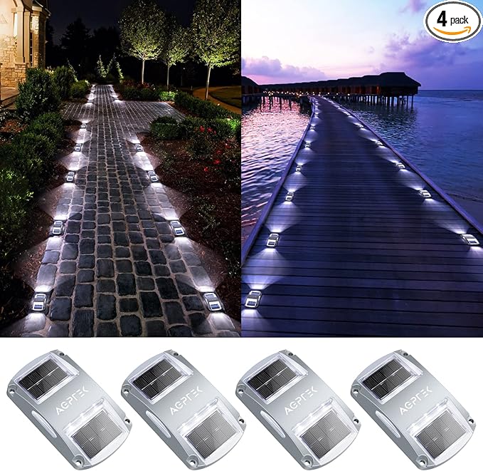 AGPTEK Solar Driveway Lights 4 Pack, Solar Deck Lights Outdoor Dock Marine Lights LED Dock Lights Solar Powered Waterproof Driveway Marker Lights for Warning Step, Sidewalk, Pathway, Garden, Yard
