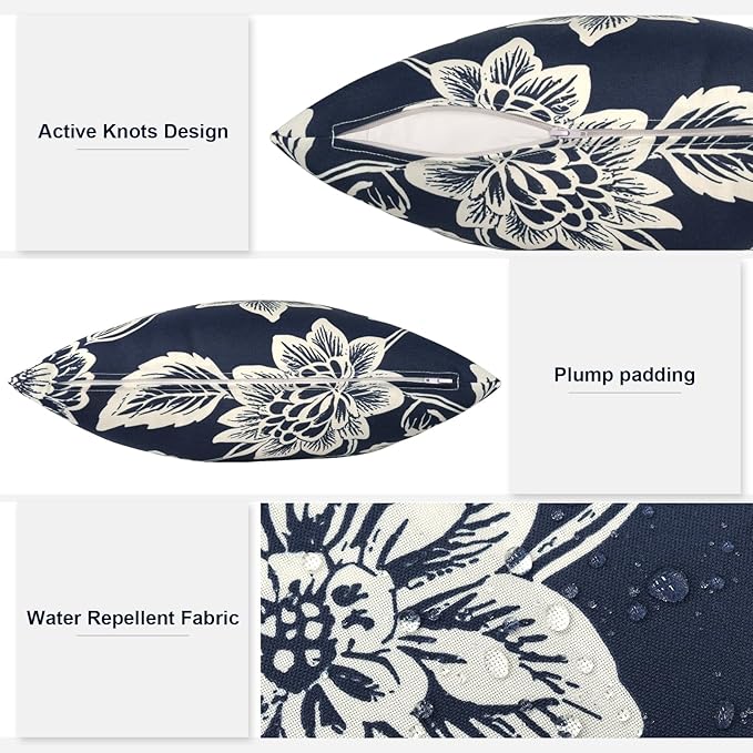 Outdoor Throw Pillows 16x16 Inch, Water Repellent Patio Pillows with Inners Set of 2 for Patio Furniture Home Graden, Elegant Vines Navy