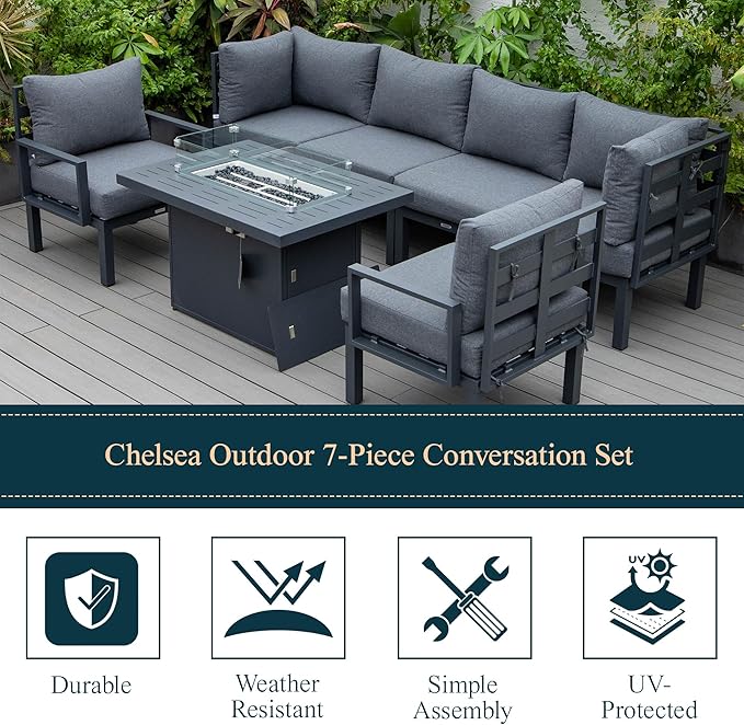 LeisureMod 7-Piece Outdoor Patio Conversation Set with Aluminum Sectional & Cushions, Propane Fire Pit Table with Black Stones, Wind Glass & Lid, Black