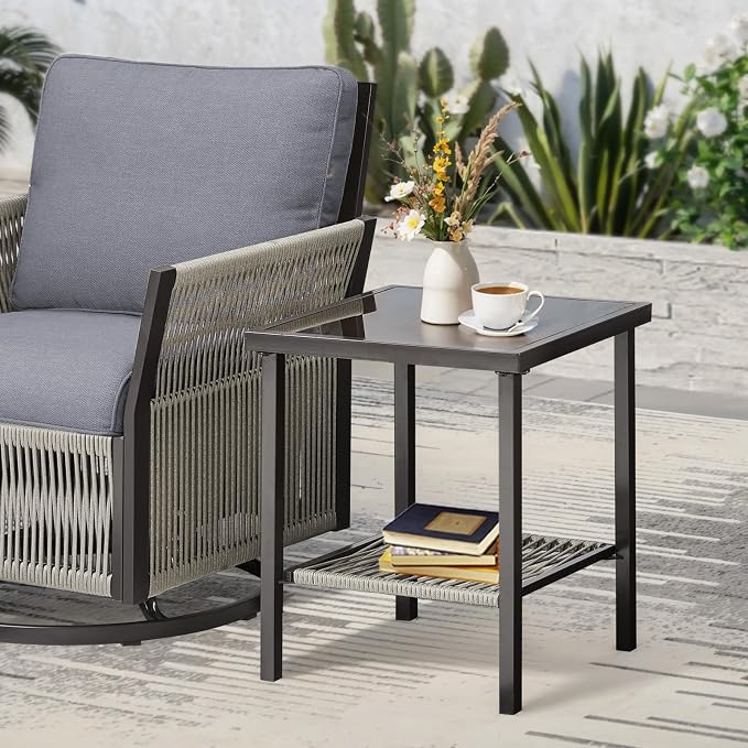 Patio Tables Wicker Side Table, Outdoor End Table with Storage Shelf, Patio Furniture Side Table for Sofa, Swivel Chairs, Garden, Balcony - Square