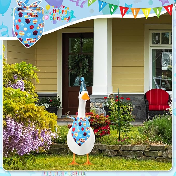 Happy Birthday Goose Outfit with Glitter Hat and Bandana,Blue | for 23" 17" Cement Plastic Porch Goose, Outdoor Statue Patio Yard Lawn Art