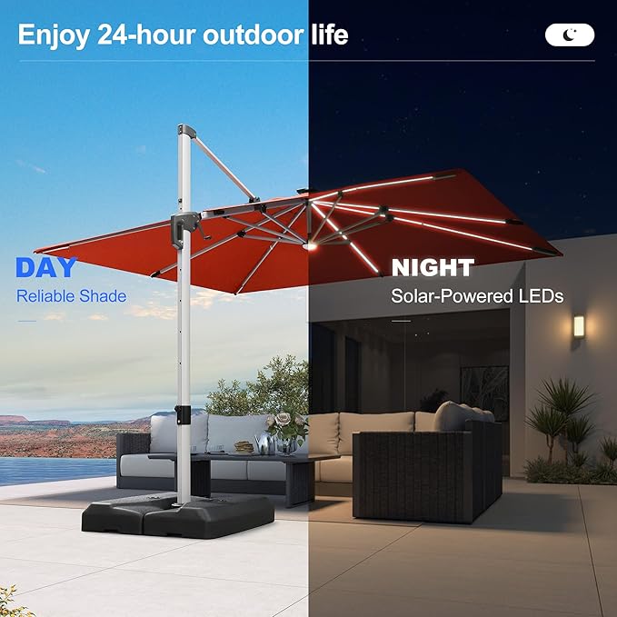 PURPLE LEAF 9' X 12' Patio Umbrella with Lights Outdoor Rectangle Cantilever Umbrella Solar Powered LED with 360-degree Rotation for Garden Deck Pool Patio, Terra