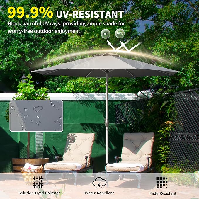 Domi 10FT Patio Umbrella, Outdoor Table Umbrella with Aluminum Pole, UV Protection Waterproof Market Sun Umbrella with Push Button Tilt and Crank for Garden, Deck, Backyard, Pool (Gray)