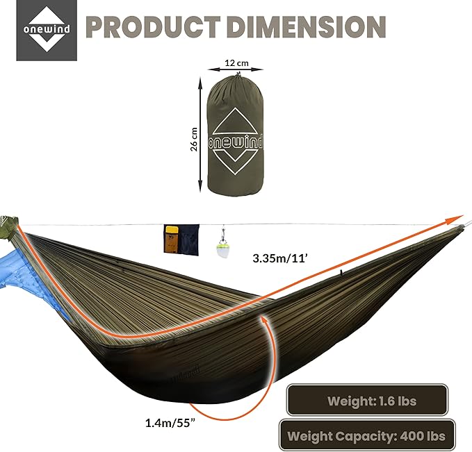 Onewind Camping Hammock, Ultralight Portable Hammock with Adjustable Ridgeline, Outdoor Hammock 20D Ripstop Nylon with 2 * 12Ft Tree Strap, Ideal for Camping, Hiking, Backpacking