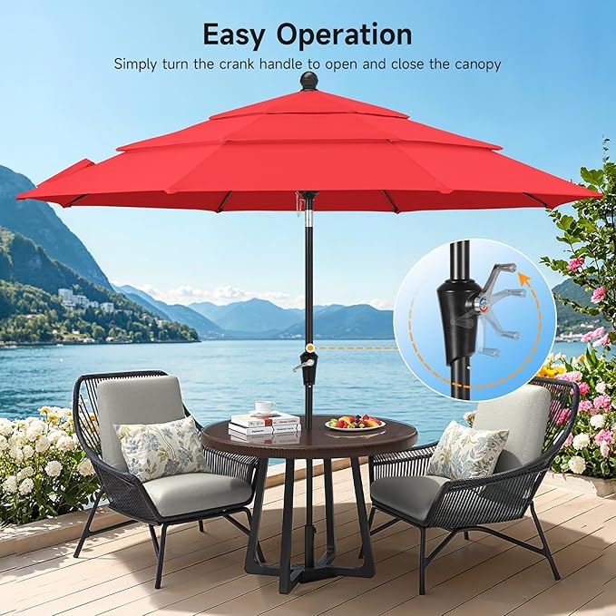 ONBRILL 9 FT Outdoor Patio Umbrella, 3 Tier Market Table Umbrella with 8 Sturdy Fiberglass Ribs and 1.5’’ Pole, Smooth Button Tilt Patio Umbrella for Backyard Pool Garden, Red(No Base)
