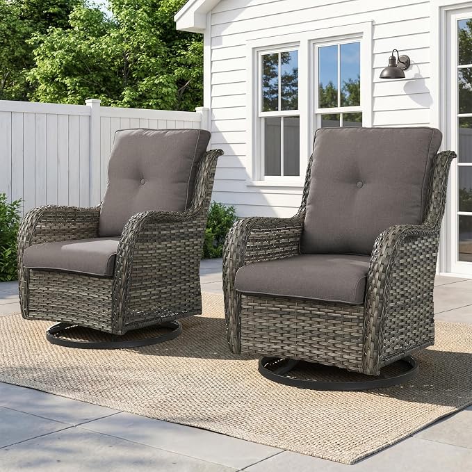 Belord Outdoor Swivel Chairs Set of 2,Patio Wicker Rocker Chairs,All Weather Patio Conversation Furniture Set, Ideal for Porch Balcony Deck Yard, Gray Wicker/Gray