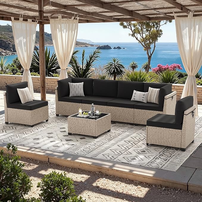 Soohow 7-Piece Patio Furniture Set, Outdoor Sectional All-Weather Wicker Patio Conversation Set for Garden, Porch, Backyard - Black Cushions
