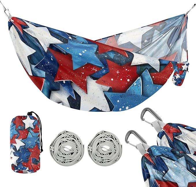 4th of July Independence Day Red and Blue Stars 330lb Capacity Hammocks for Camping with Hanging Rope Indoor Hammock for Outside Beach Patio Garden Base para hamacas para adultos