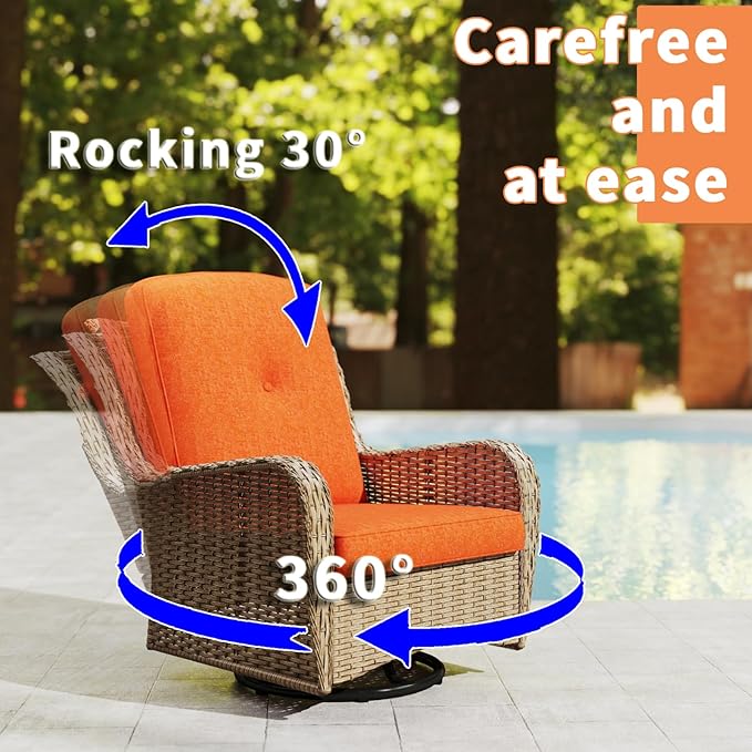 Kinsuite 7 PCS Patio Furniture Set, Outdoor Conversation Sets with Swivel Chairs & Ottomans, All-Weather Wicker Light Brown Sectional Sofa with Thicken Cushions for Garden, Lawn, Backyard, Orange