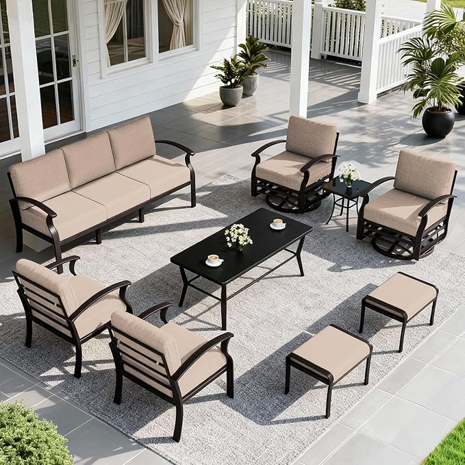 ALAULM Aluminum Patio Furniture Set with Coffee Table Rectangular, 9-seat Outdoor Sectional Furniture w/Swivel Chairs and 2 Ottomans, Patio Conversation Set for Porch, Backyard, Poolside-Sand