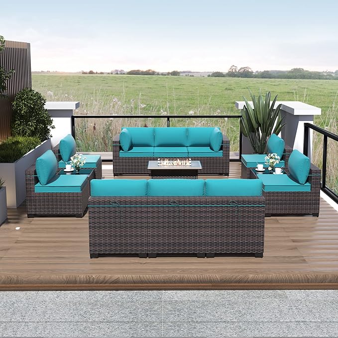 Outdoor Patio Furniture Set with Gas Fire Pit Table, 13 Pieces Outdoor Furniture Set Patio Sectional Sofa w/43in 55000 BTU Propane Fire Pit, PE Wicker Rattan Patio Conversation Sets - Teal