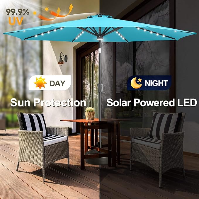 FLAME&SHADE 9 ft Patio Umbrella with Solar Lights, 40 LED Lighted Table Outdoor Umbrella for Deck, Pool, Porch, Backyard, Market, Garden, 8 Sturdy Ribs, UV Protection, Aqua Blue