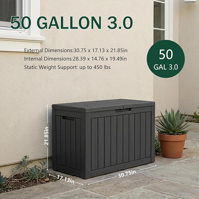 Outdoor Storage Box, 50 Gallon Waterproof Deck Box [Upgraded 3.0], Snap-Together Storage Bin for Chair Cushions, Porch Throw Pillows, Lockable Small Coffee Table Ottoman, Patio Garden, Black