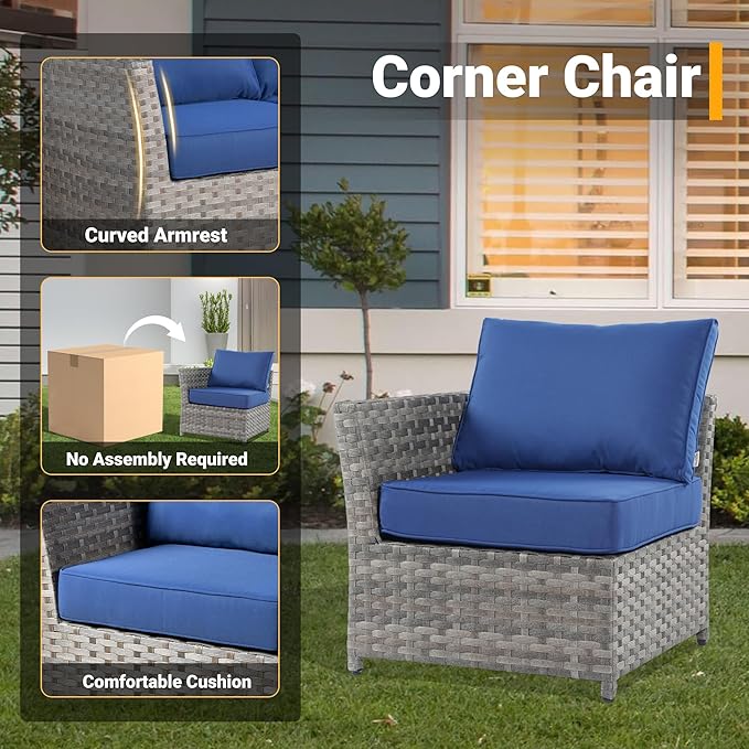 12 Pieces Outdoor Furniture Patio Sectional Sofa Couch Gray PE Wicker Conversation Sets with Ottomans Glass Coffee Table for Garden Poolside Backyard