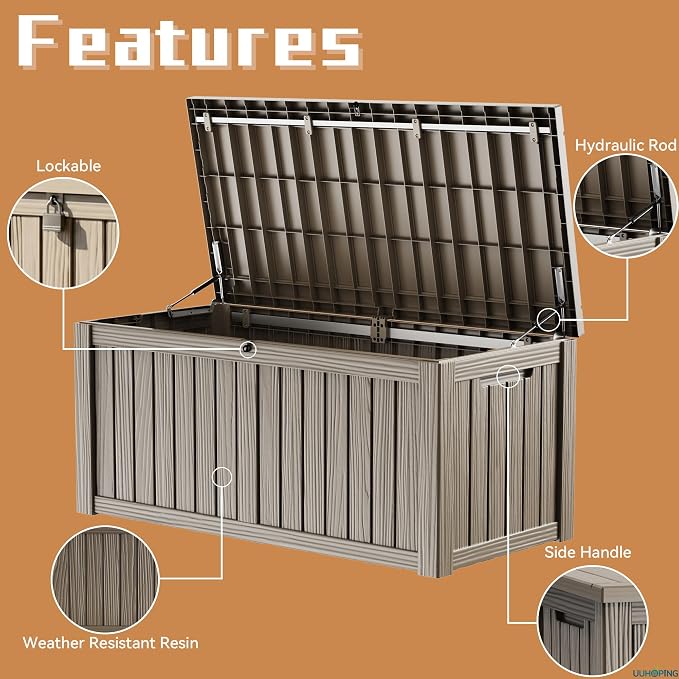 ROJIK Outdoor Storage Box – 150 Gallon Mobile Waterproof Resin Deck Box, Lockable Storage for Patio Cushions, Garden Tools, Pool Accessories – UV-Resistant Storage Bench for Backyard & Deck(Grey)