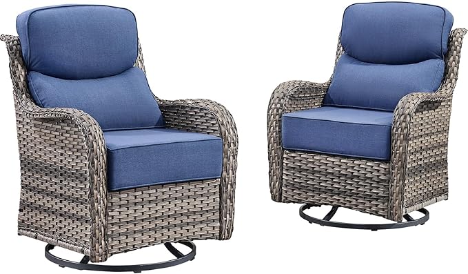 Rilyson Outdoor Swivel Rocker Chairs - All Weather Resistant Wicker Patio Furniture Set of 2 with High Back and 6 inch Thick Cushions for Deck Porch Yard and Poolside, Mixed Grey/Blue