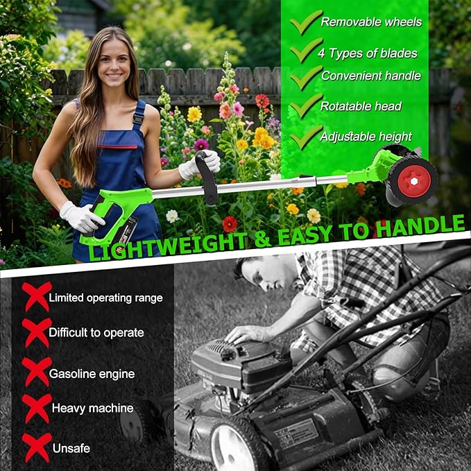 Cordless Weed Wacker Eater Battery Powered 21V Lightweight Electric Weed Trimmer with 2 Battery Operated Leaf Blower Weed Storage Bag, Stringless Grass Trimmer/Brush Cutter/Lawn Edger for Yard Garden