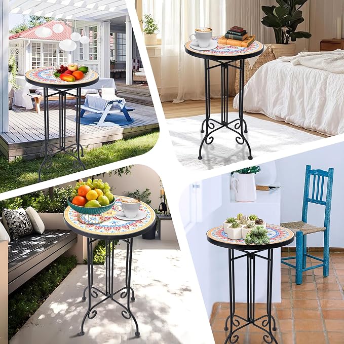 VCUTEKA Mosaic Outdoor Side Table, Round Rustproof Patio Tables with 14" Ceramic Tile Top, Indoor Porch Accent Table for Yard, Garden, Living Room, Bistro Balcony, Orange