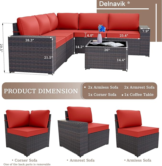 Patio Furniture Set Sofa 6-Pieces Wicker Sectional Sofa Set, Outdoor Furniture Rattan Patio Conversation Set with Thickened Cushion and Glass Coffee Table, Red