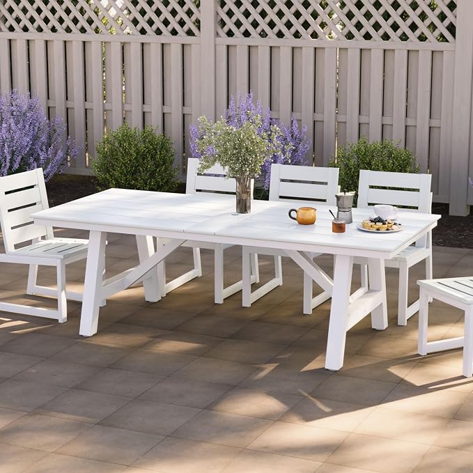 WestinTrends Cape May 90" HDPE Rectangle Outdoor Patio Dining Table with Umbrella Hole and Metal Frame, White
