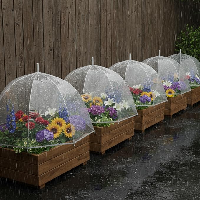 Abbylike 4 Pcs Plant Umbrella Transparent Garden Plant Umbrellas Adjustable Height Waterproof Portable Greenhouse Umbrella for Small Plants Potted Plants Garden Flower Beds (25 Inch,Clear)