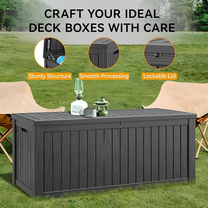 Outdoor Storage Box, 180 Gallon Resin Deck Boxes Outdoor Waterproof For Patio Furniture, Garden Tools, Pool Supplies, Lockable And UV Resistant (Striped Black)