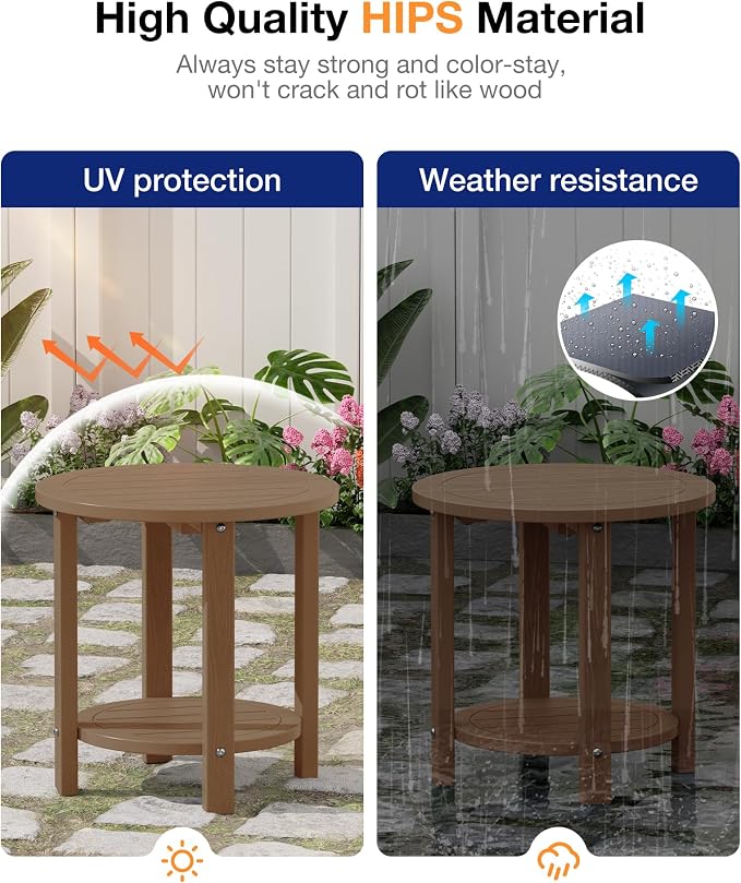 YEFU Outdoor Side Table for Patio: 16in HIPS Small Round Outdoor End Table - 2-Tier Adirondack Tables for Porch Patio Yard Poolside Living Room Beach Bedroom (Teak, 2 Pack)