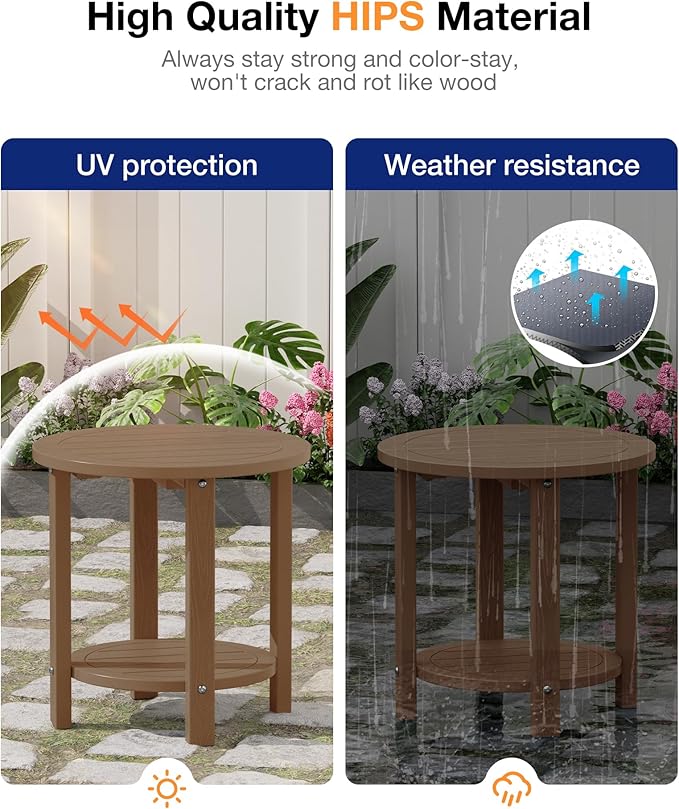 YEFU Outdoor Side Table for Patio: 16in HIPS Small Round Outdoor End Table - 2-Tier Adirondack Tables for Patio Porch Yard Poolside Living Room Beach Bedroom (Teak, 1 Pack)
