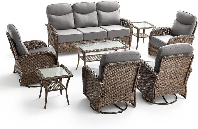 8 Pieces Luxury Outdoor Patio Furniture Set with 6-Inch Thick Cushions, Wicker Outdoor Furniture with High Back Swivel Patio Chairs Set of 4, Patio Conversation Set for Deck Garden Porch, Gray