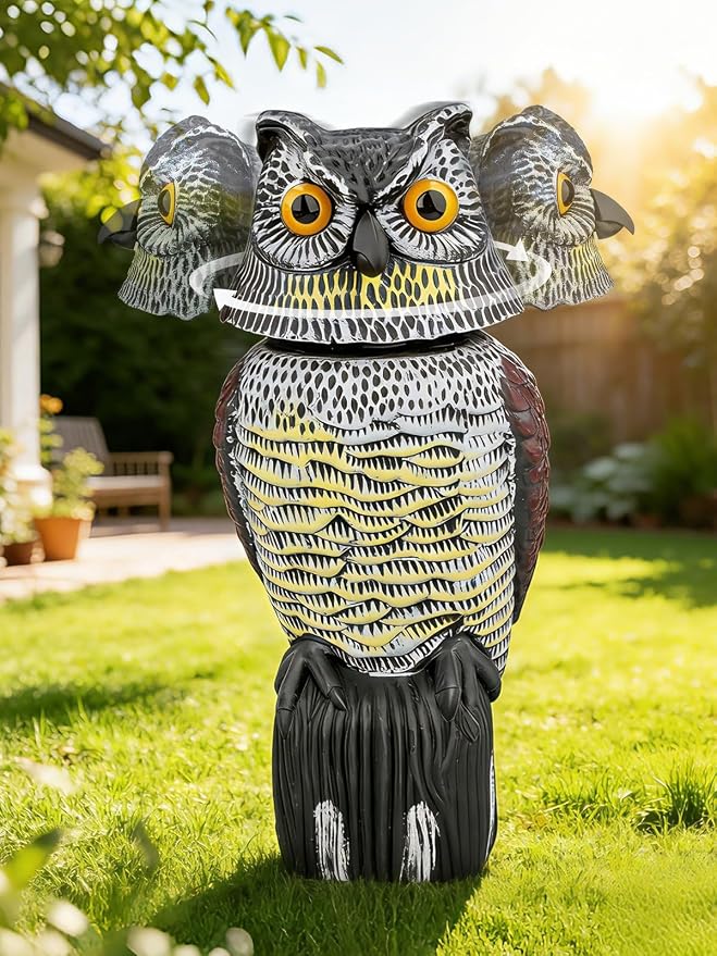 Garden Fake Owl Sculpture with 360° Rotating Head, Waterproof Garden Owl | Realistic Large Outdoor Owl Statue for Yard Patio Balcony Roof Barn Driveway Garden Pool