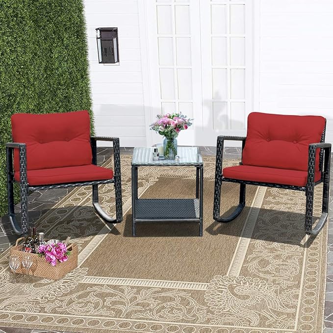 Tangkula 3 Pieces Patio Wicker Rocking Bistro Set, Outdoor Rocking Chair Furniture Set w/Cushioned Seat, Conversation Set w/Glass Coffee Table and Storage Shelf (Red)