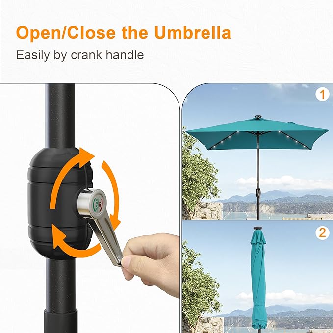 Square Patio Umbrella With Solar Lights, 6.5x6.5ft Square Umbrella Outdoor Patio with Tilt and Crank for Pool, Deck, Garden,Backyard
