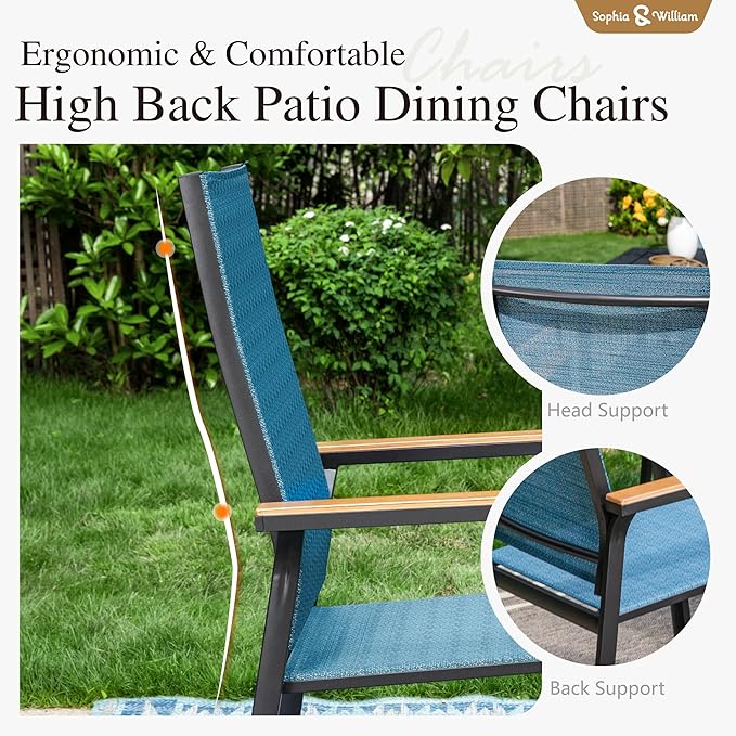 Sophia & William Outdoor Patio Dining Set 7 Pieces, 6 Aluminum Patio Dining Chairs and 54" Large Round Dining Table, Space-Saving and Lightweight for Patio Lawn Garden (Blue)