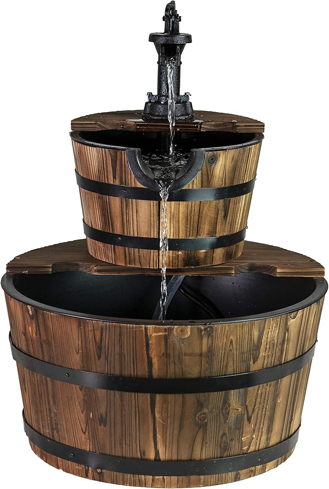 Sun-Ray 2-Tier Rustic Outdoor Fountain 18" W, Garden Decor Water Fountain with Submersible Electric Pump and Cast Iron Hand Pump Accessory for Patio, Garden, Yard