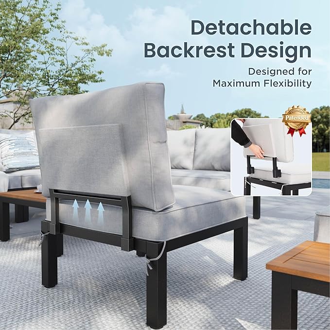 PHI VILLA 6 Pieces Outdoor Patio Furniture Set,Metal Frame Modern Outdoor Sectional Sofa Set,6 Seats Patio Conversation Sets with Coffee Table&Thickened Cushion,for Poolside and Backyard,Light Grey