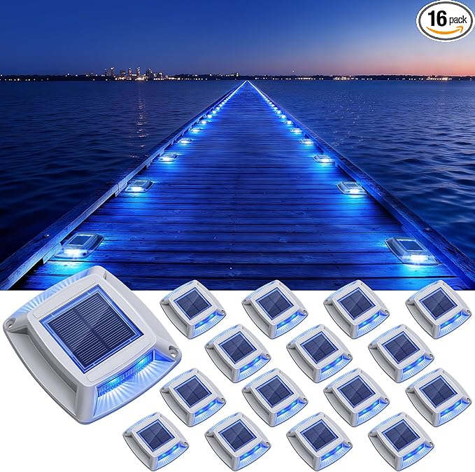 Solar Driveway Lights Outdoor 16 Pack, IP68 LED Solar Powered Waterproof Driveway Marker Deck Dock Lights for Dock Step Pathway Walkway Sidewalk Garden Yard Stair Marine (Blue)