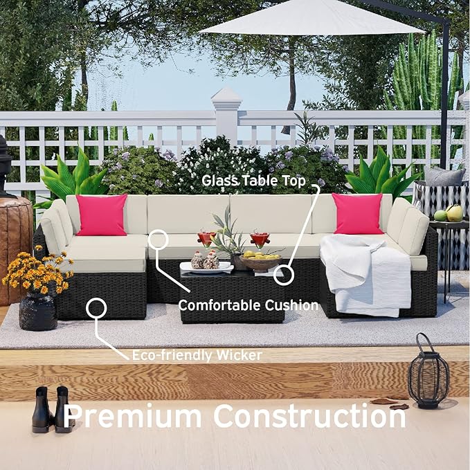 Nestl Patio Furniture Set 7 Piece Outdoor Conversation Set with Black Wicker Sectional and Off White Cushions