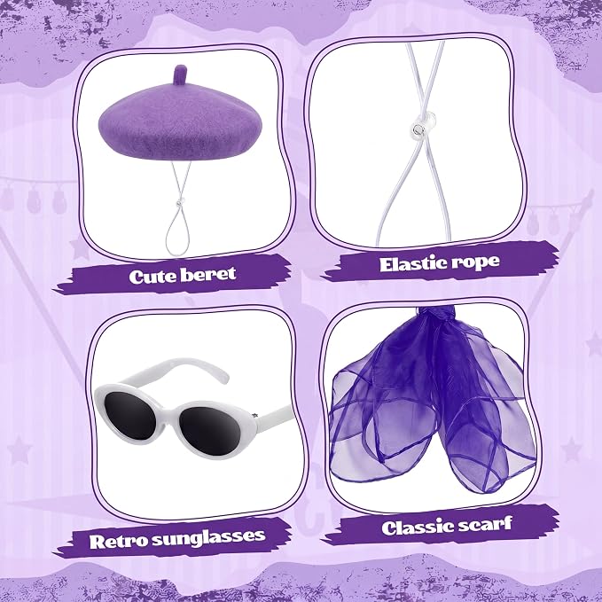 Yaomiao 3 Pcs 50s French Porch Goose Outfit Set for 23'' 17'' Cement Lawn Goose Costume Beret Hat for Carnival Statue Decor (Purple)