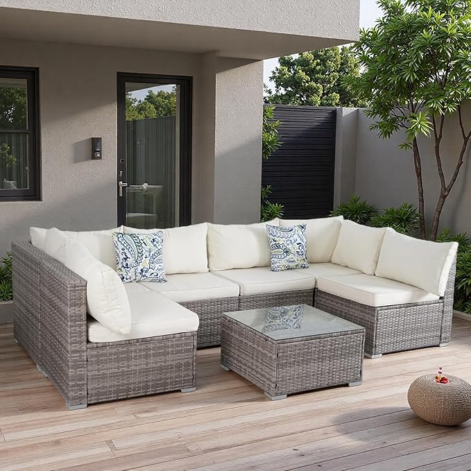 7 Piece Outdoor Patio Sectional Sofa Set, All-Weather Wicker Patio Furniture Set, with able Cushions & Tempered Glass Table for Backyard, Poolside, Garden Patio Conversation Sets