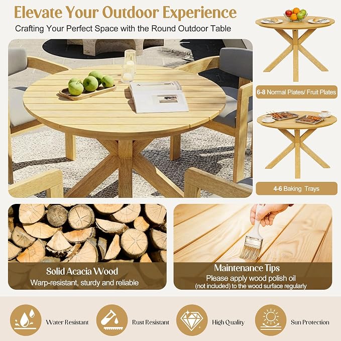 VilroCaz Acacia Wood Outdoor Dining Set for 4, All-Weather Outdoor Round Dining Table and 4 Barrel Chairs & Removable Cushions, 5-Piece Patio Furniture for Backyard Deck Poolside (Gray-ZD)