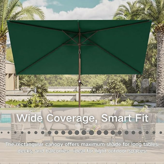 6.5' x 10' Rectangular Patio Umbrella Large Outdoor Market Umbrella w/UV Protection, Push Button Tilt and Crank Lift, Rectangle Table Umbrella for Garden, Deck, Pool, Patio, Forest Green
