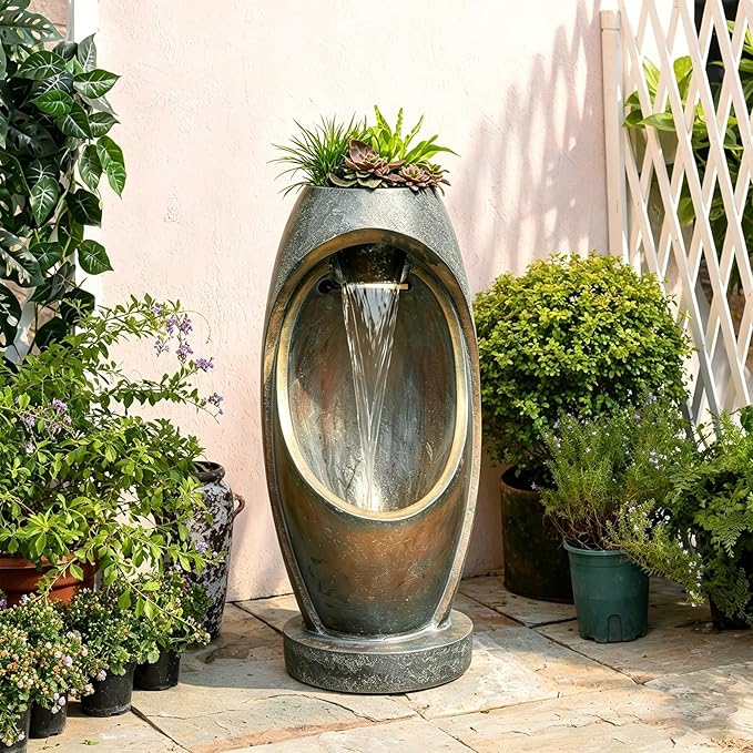 Sunlinua Modern Water Fountain Outdoor Waterfall Water Fountains Resin Water Feature with Pump, LED Lights for Garden, Patio, Porch, 28" Height