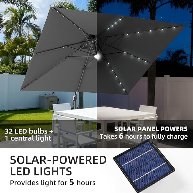 JZAC & QZYD 9x9 FT Outdoor Cantilever Patio Umbrella with Base Included and Solar LED Lights, Large Heavy Duty 2-Tier Square Aluminum Offset Umbrellas with 360-Degree Rotation for Pool Deck, Grey