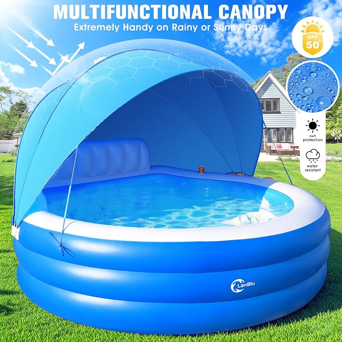 2026 Upgraded Inflatable Pool with Canopy, Inflatable Family Lounge Pool, Round Blow Up Pool for Adult with Bench & Backrest, Swim Center Easy Backyard Pools for Adults, 90"x90"x80", Cyan