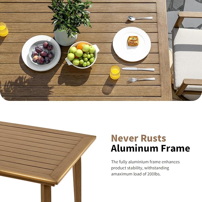 6-Piece Outdoor Table Set with Chairs & Bench, 8-Person Outdoor Rectangular Dining Table with Umbrella Hole, Faux Wood Grain Patio Table Set with Swivel Chair for Garden Backyard Proch, Teak