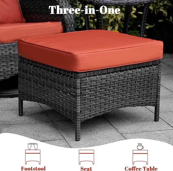 Patio Furniture Conversation Set with Ottomans, 5 Piece Wicker Patio Swivel Rocking Chairs with 360° Swivel Glider and Glass Coffee Table for Porch, Deck, Garden,Red