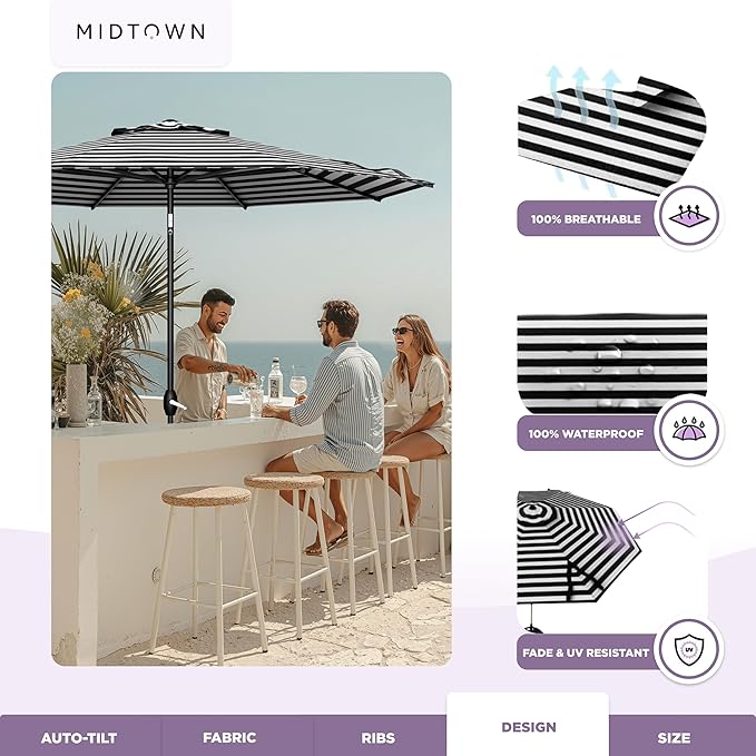Midtown Umbrellas – The Lean 9 Ft Patio Umbrella with 10-Year-No-Fade Acrylast Acrylic Fabric, Auto-Tilt and 8 Reinforced Ribs for Deck, Pool, Garden, Hotel & Cafes – Urban Stripes Canopy, Black Pole