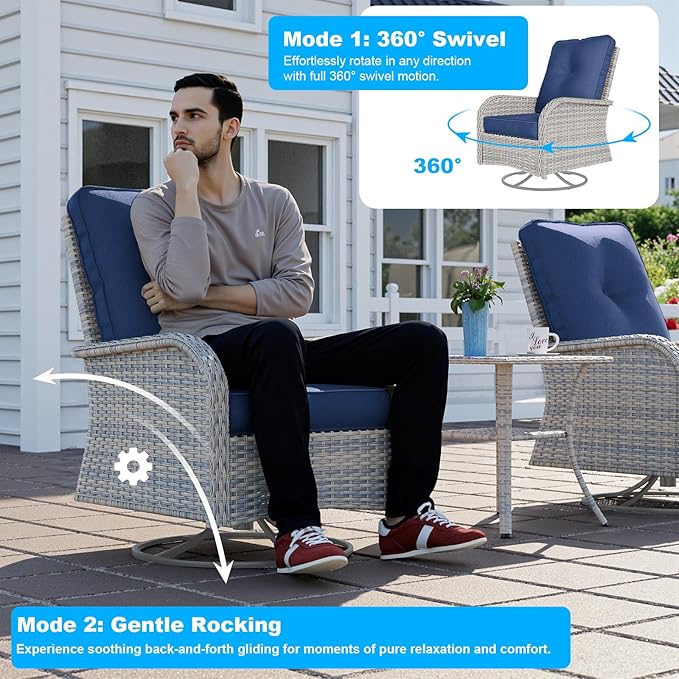 8-Piece Small Patio Furniture Set, Outdoor Swivel Rocking Chairs Set with Ottomans, Patio Bistro Set for Balcony, Deck, Porch, Navy Blue