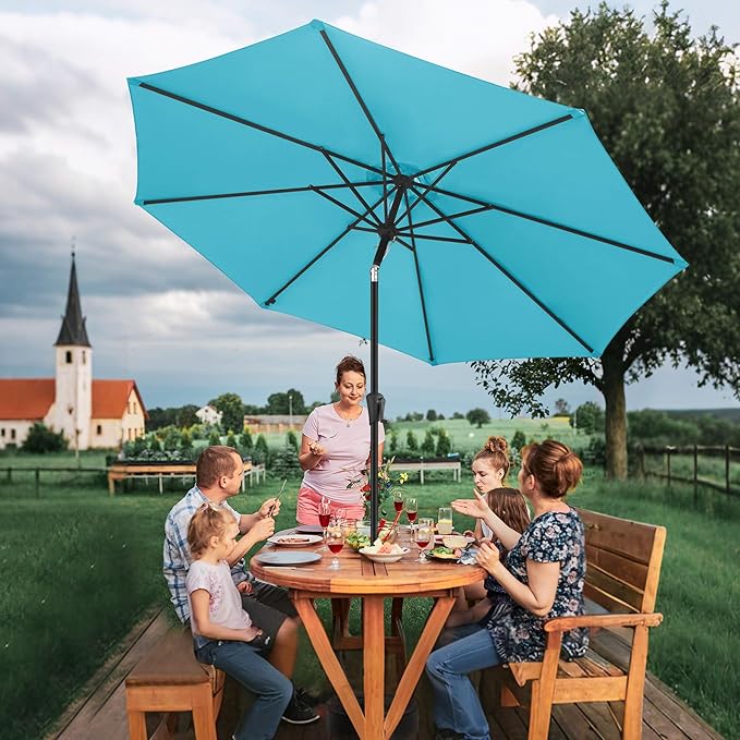 FLAME&SHADE 10ft Patio Umbrella - Outdoor Umbrella with Push Button Tilt and Crank for UV Protection, Table Market Umbrella for Garden, Deck, Backyard, Pool and Beach(Aqua Blue)